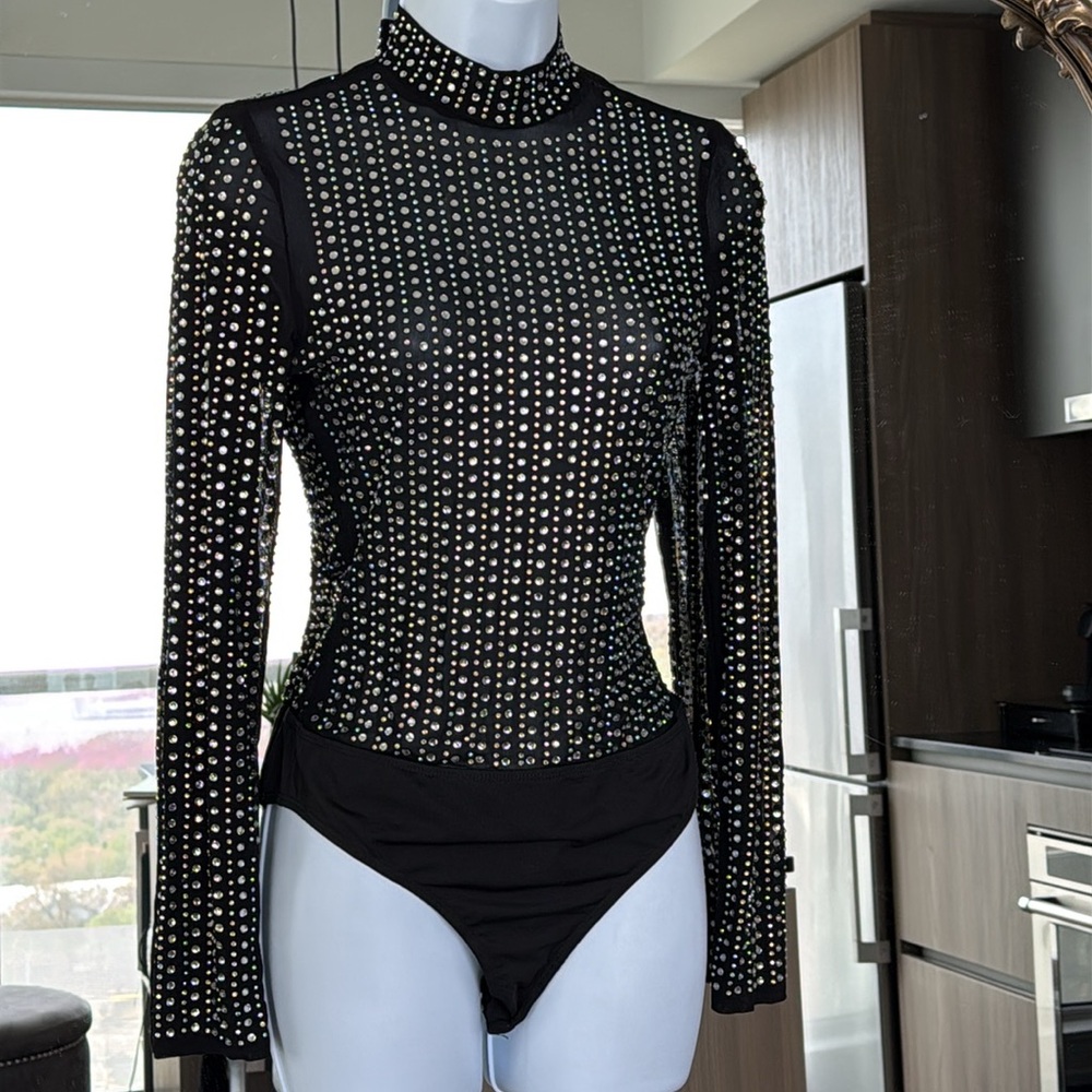 Black Rhinestone Embellished Bodysuit
